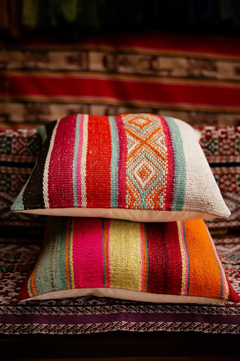 Red and teal diamond frazada pillow cover